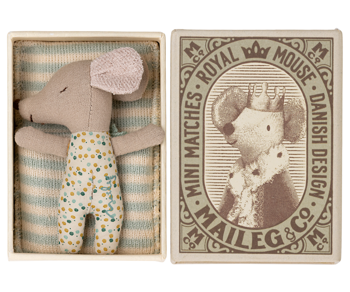 Sleepy/wakey baby mouse in matchbox - Blue
