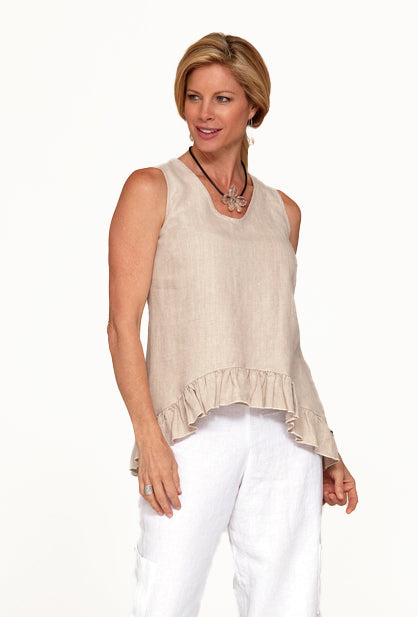 sleeveless linen ruffle top