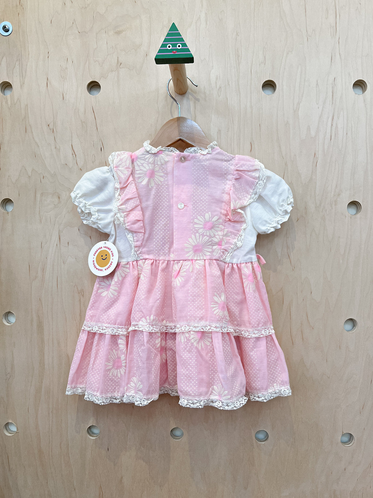 (pre-worn) vintage pink floral swiss dot lace dress 2T