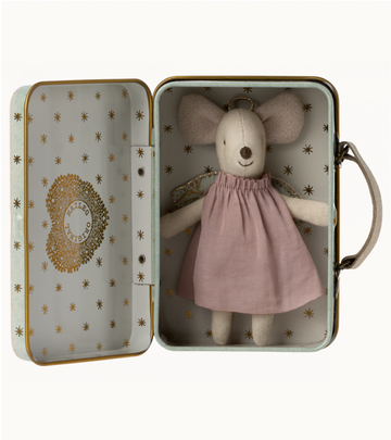 Angel mouse in suitcase