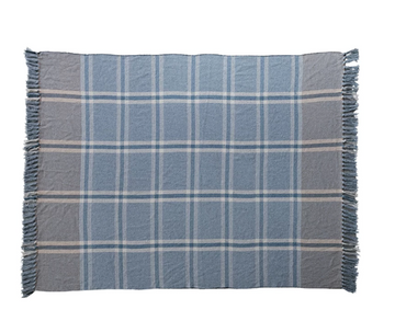 Woven Recycled Cotton Blend Throw w/ Fringe Blue Plaid