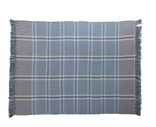 Woven Recycled Cotton Blend Throw w/ Fringe Blue Plaid