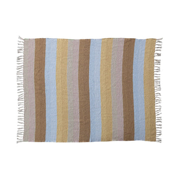 Blue & Gold Recycled Cotton Blend Throw w/ Stripes & Fringe
