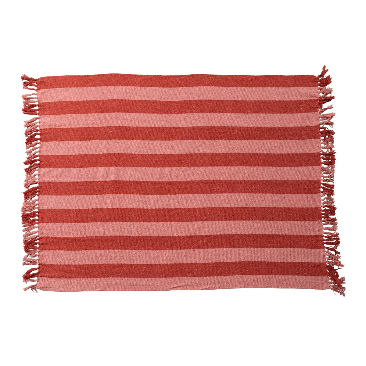 Woven Recycled Cotton Blend Throw with Stripes & Fringes Red & Pink