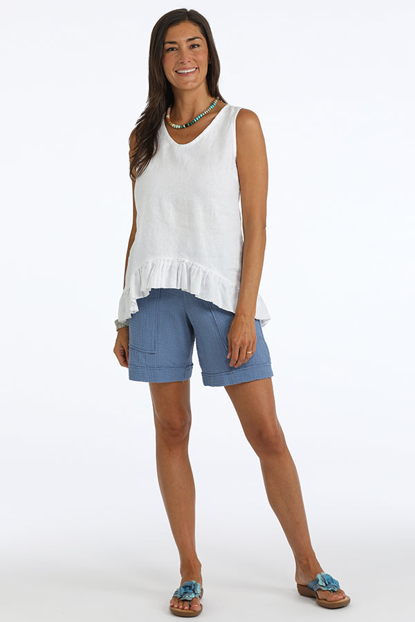 sleeveless linen ruffle top